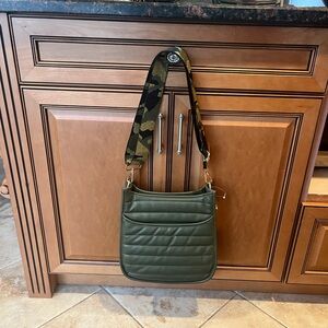 Ah.dorned Quilted Olive Green With Camouflage Adjustable Strap Crossbody Bag